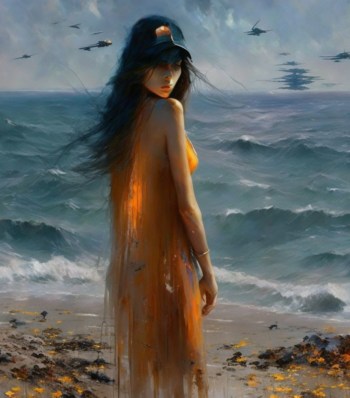 Woman in translucent orange dress on beach with billowing hair and seagulls.