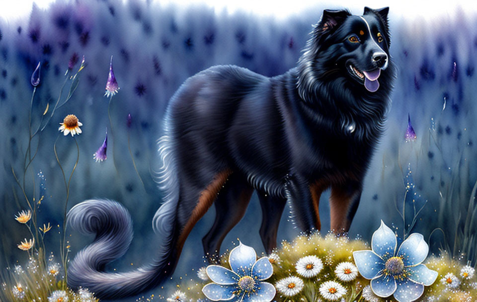 Illustration of black dog in mystical blue meadow with flowers