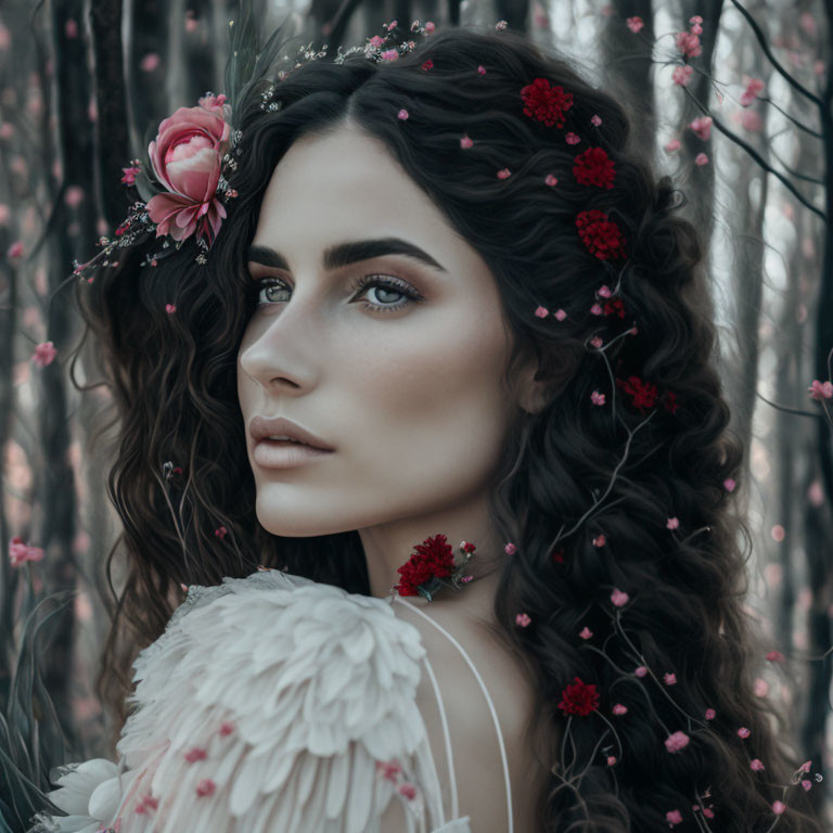 Dark Curly-Haired Woman with Red Flowers in White Garment amid Pink Blooms