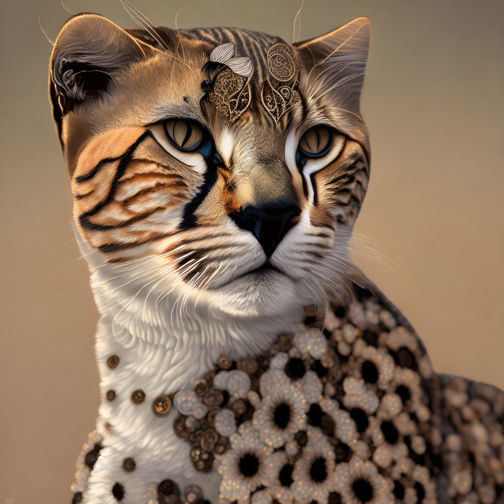 Surreal steampunk-style cat with intricate patterns and blue eyes