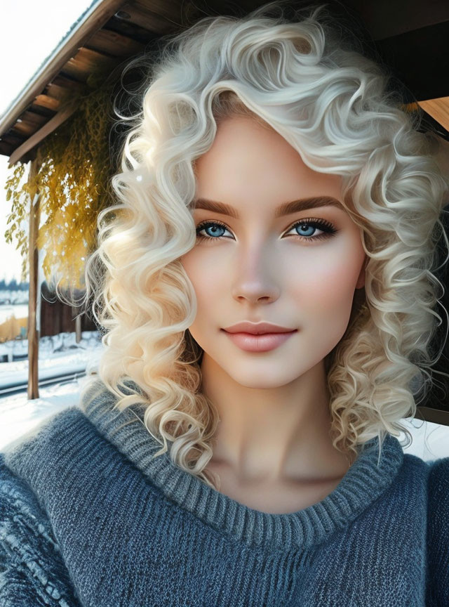 Blond Curly-Haired Woman in Grey Sweater on Snowy Background