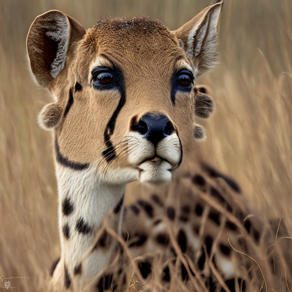 Young deer with unique markings in dry grass, gazing at the camera.