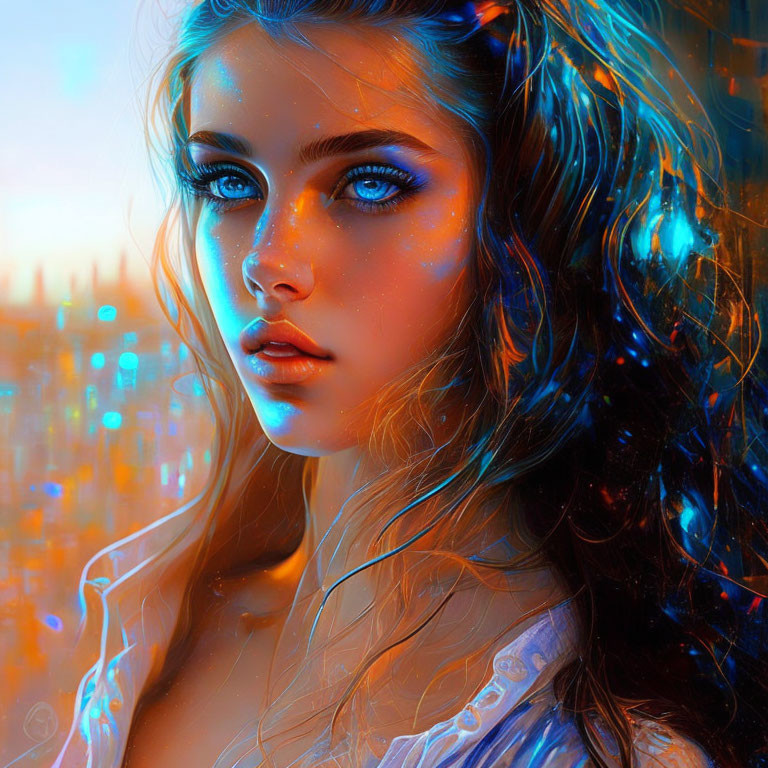 Vibrant digital portrait of young woman with blue eyes and glowing skin