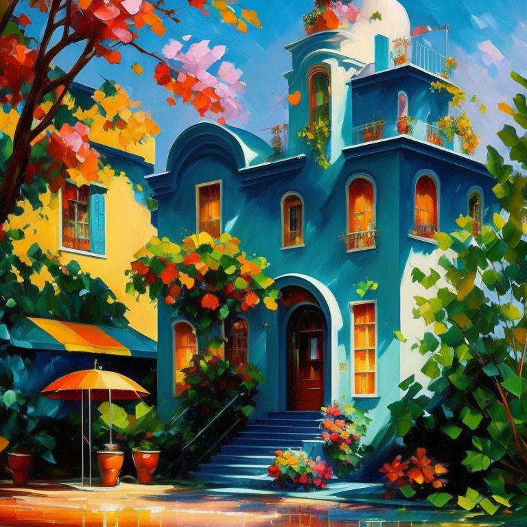 Colorful House Painting with Blue Walls and Yellow Accents