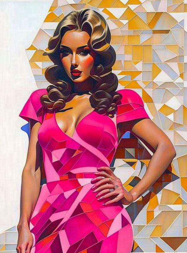 Stylized woman illustration in pink geometric outfit