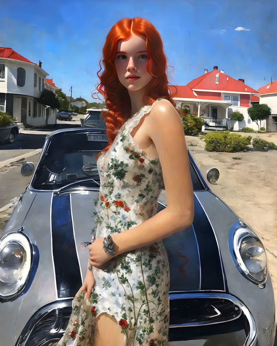 Red-haired woman in floral dress posing with classic car on sunny day