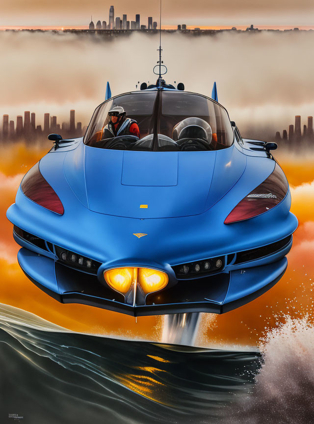 Futuristic blue hover car with jet propulsion over water and city skyline.