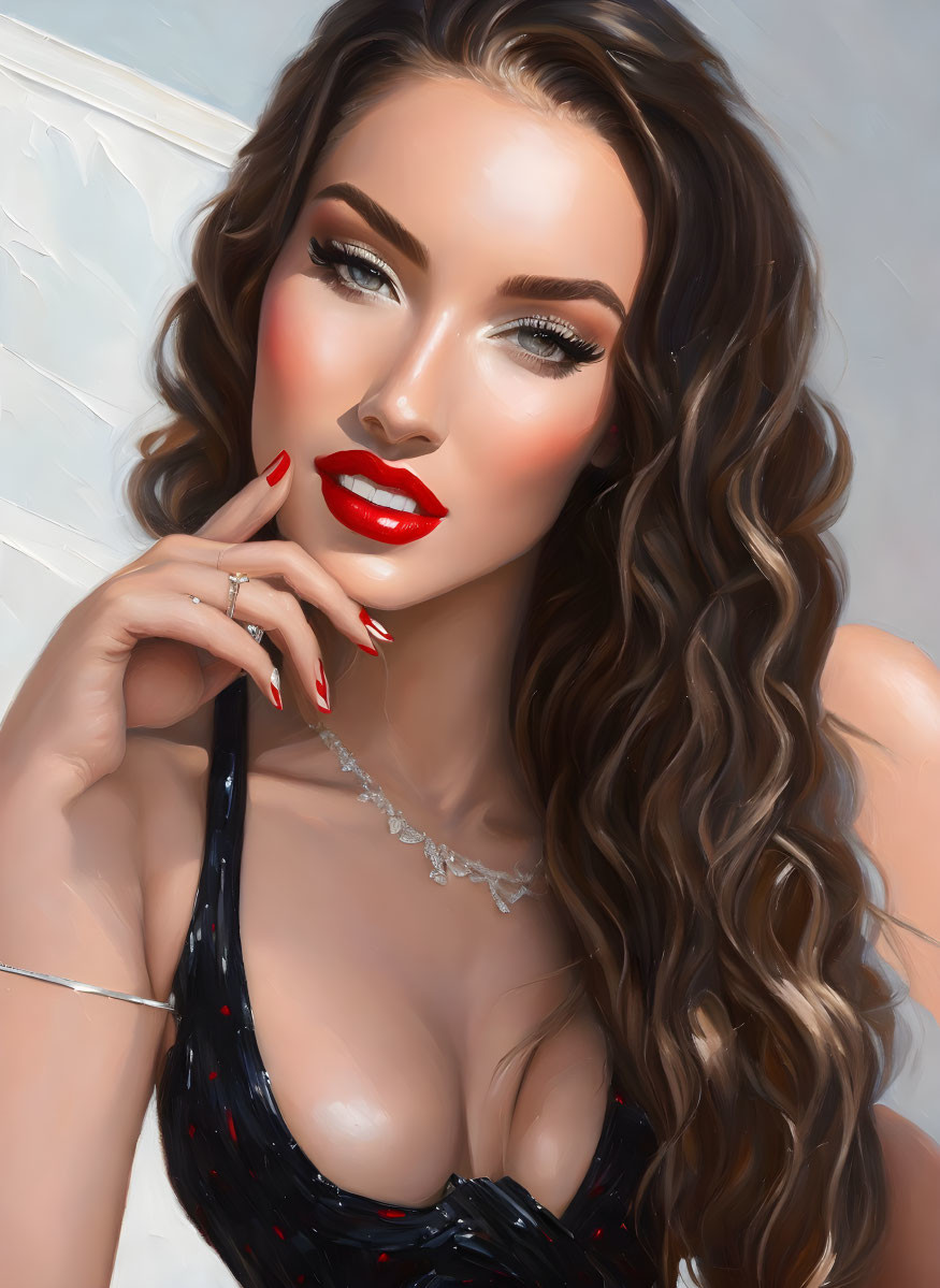 Digital portrait of woman with wavy hair and red lipstick in black outfit gently touching chin on soft background