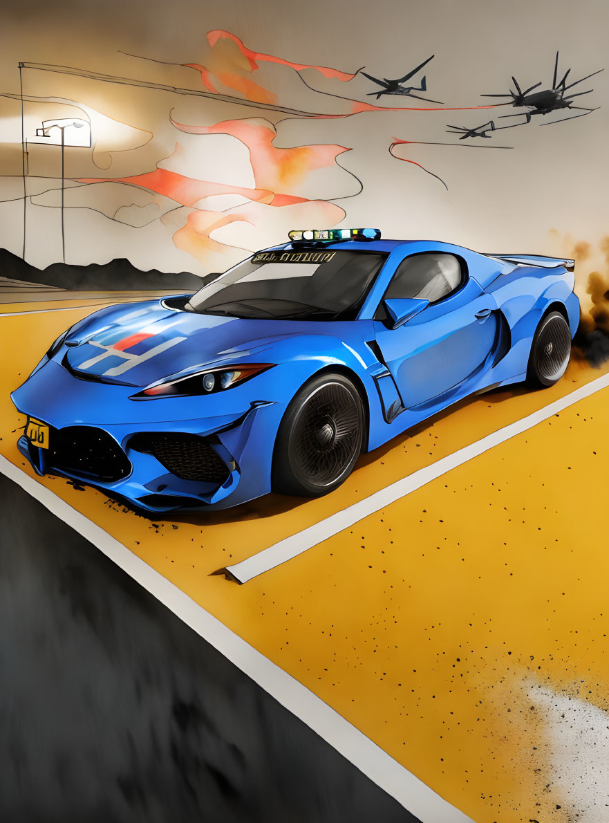 Stylized blue sports car with police lights racing against backdrop of explosions and military planes