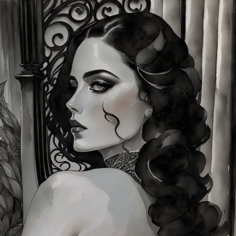 Monochrome illustration of woman with curly hair and vintage makeup by decorative window