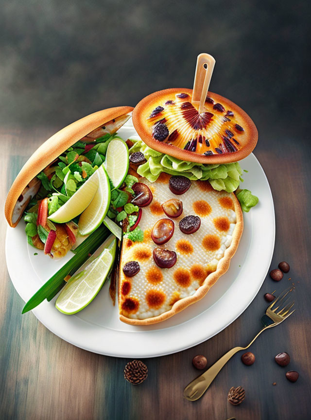 Artistically crafted fish-shaped meal with pizza body, lemon eye, and salad tail on white plate.