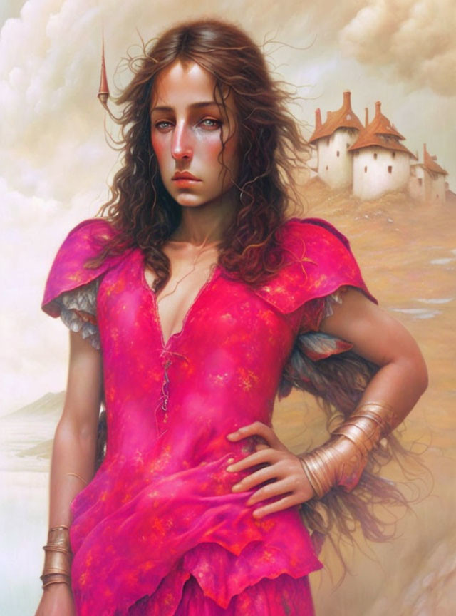 Fantasy portrait of woman in pink dress under cloudy sky