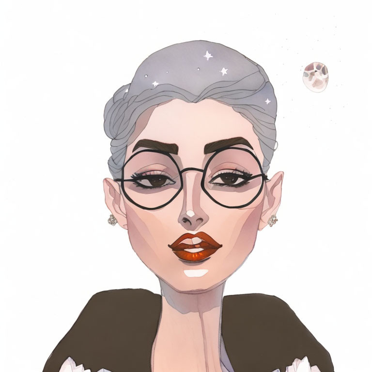 Stylized woman with gray hair, cat-eye glasses, red lipstick, stars, and moon illustration