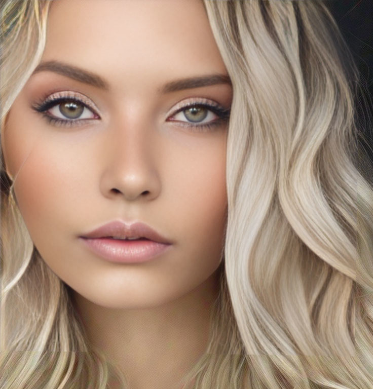 Blonde woman with natural makeup and green eyes portrait