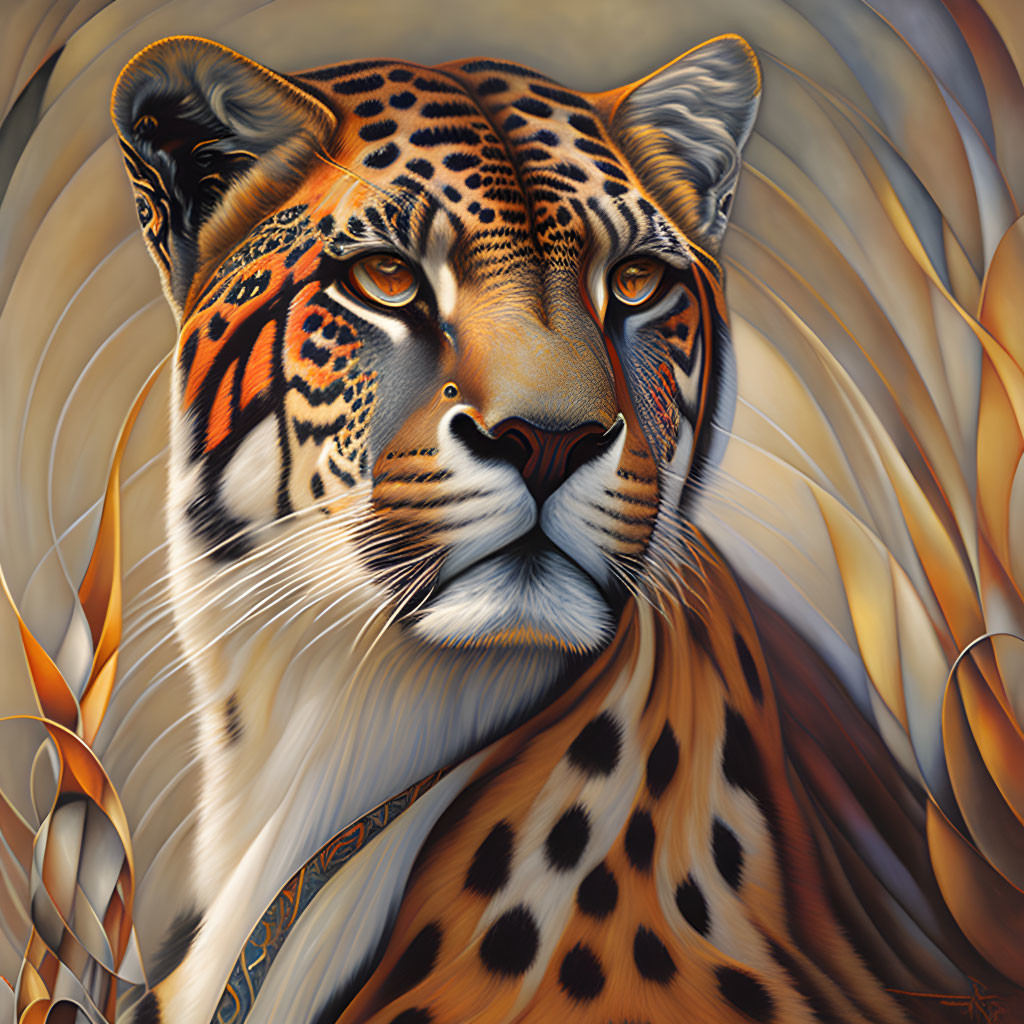 Detailed Jaguar Illustration with Intense Eyes on Fiery Background