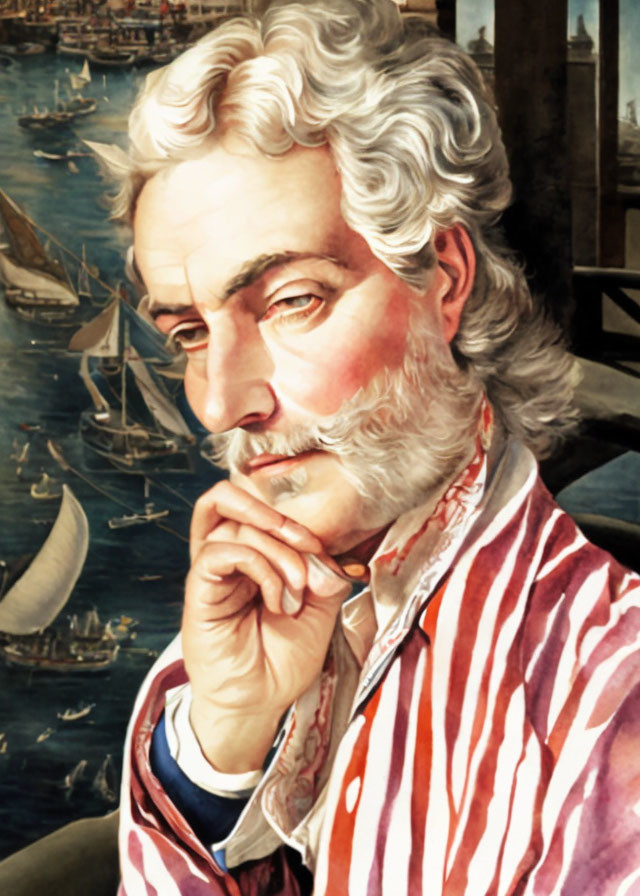 White-Haired Man Portrait with Maritime Scene Background