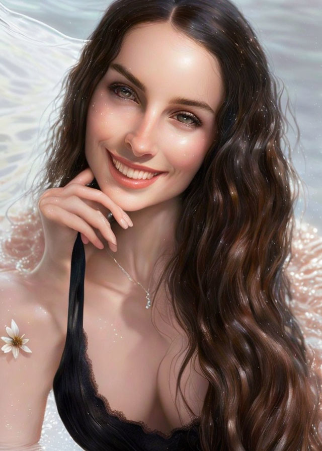 Smiling woman digital painting with long wavy hair and flower