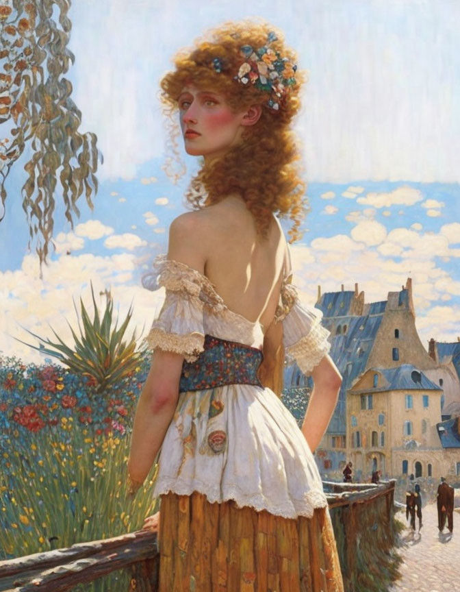 Curly Haired Woman in Floral Headpiece and Off-Shoulder Dress in Village Scene