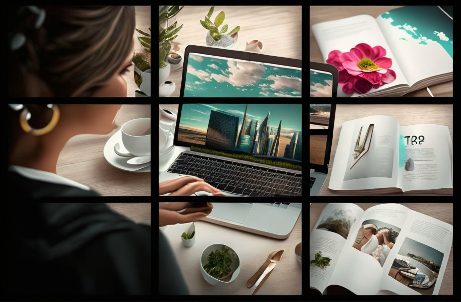 Collage of woman on laptop with city skyline, book, plants, and magazine.