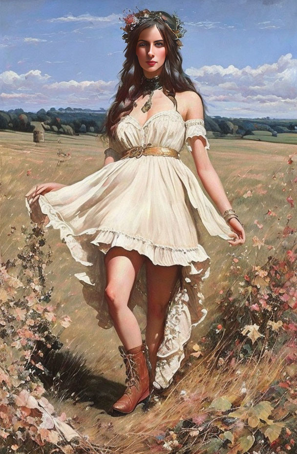 Woman in white off-shoulder dress and floral wreath in sunny field