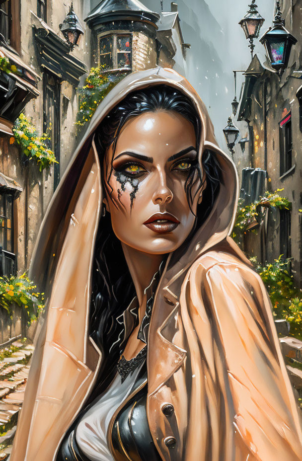 Dark-haired woman in hooded cloak in sunlit alleyway.