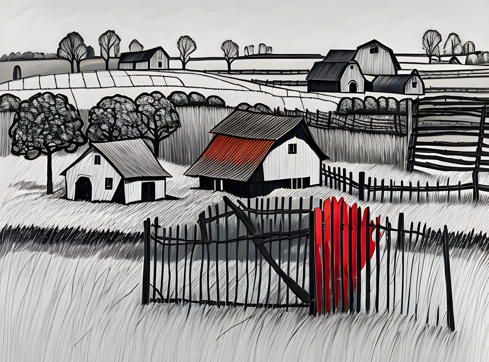 Monochrome rural landscape with houses, barn, fences, and leafless trees