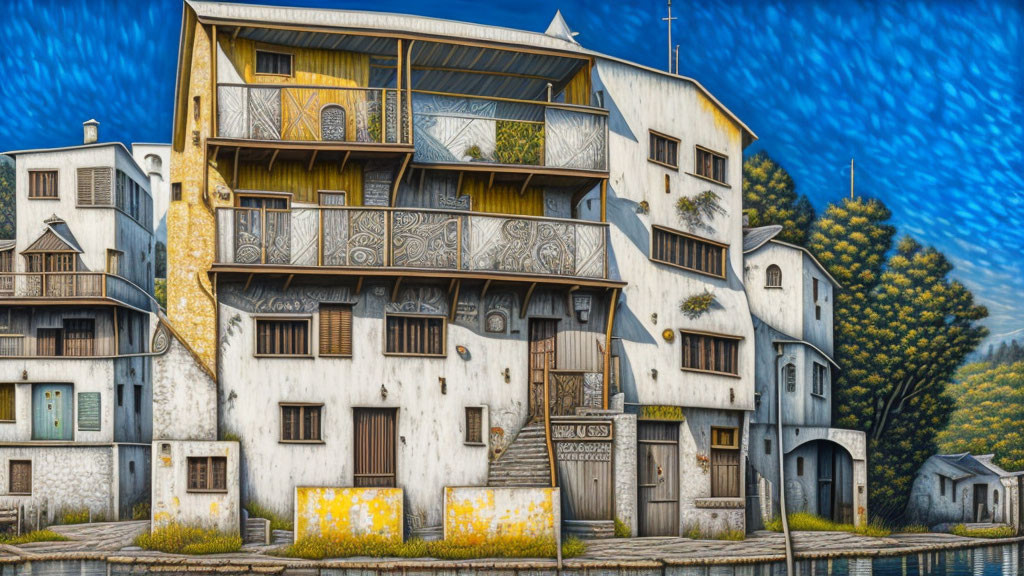 Quaint multi-storied building with artistic designs by calm waterway