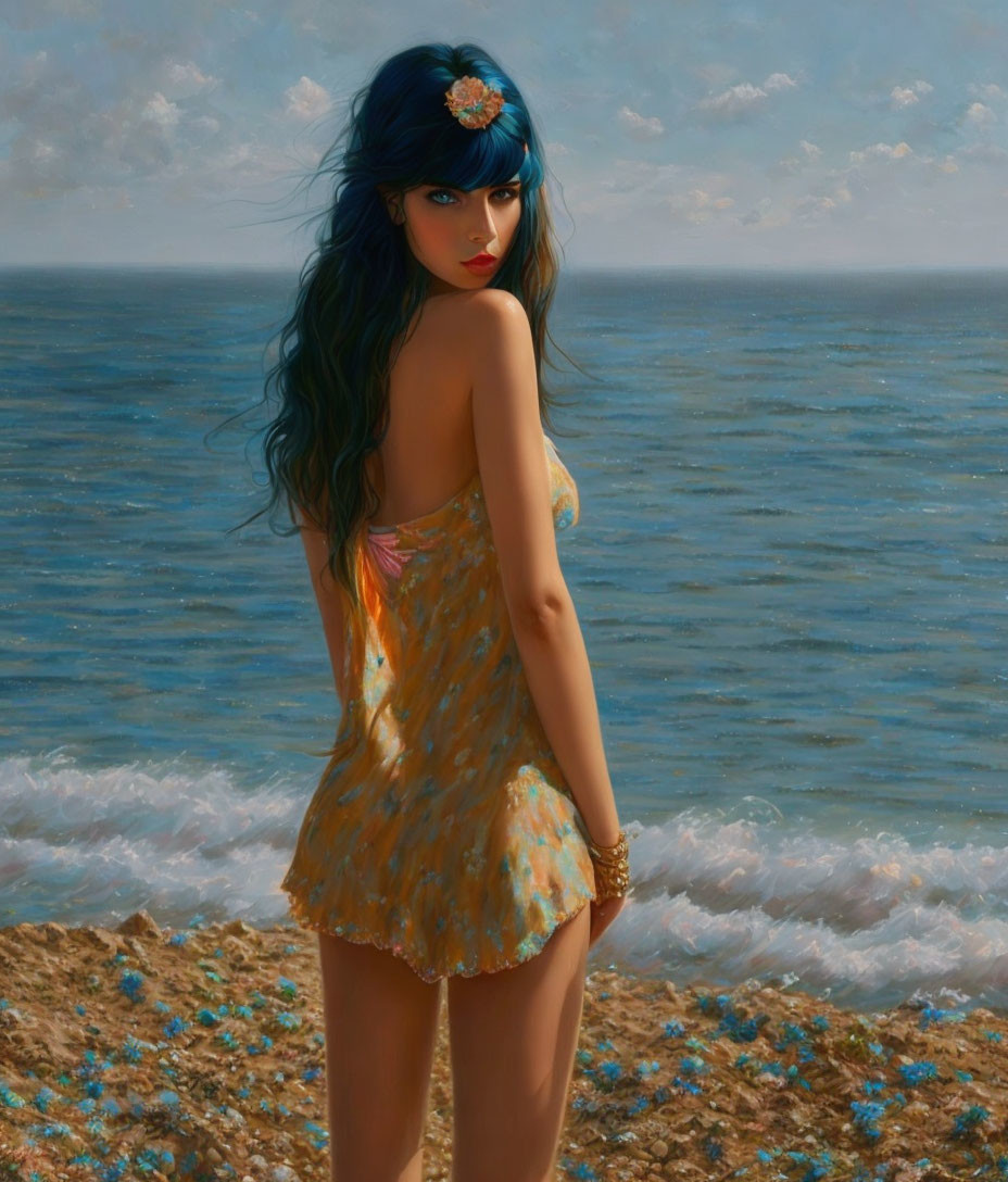 Blue-haired woman in floral headpiece gazes by the sea