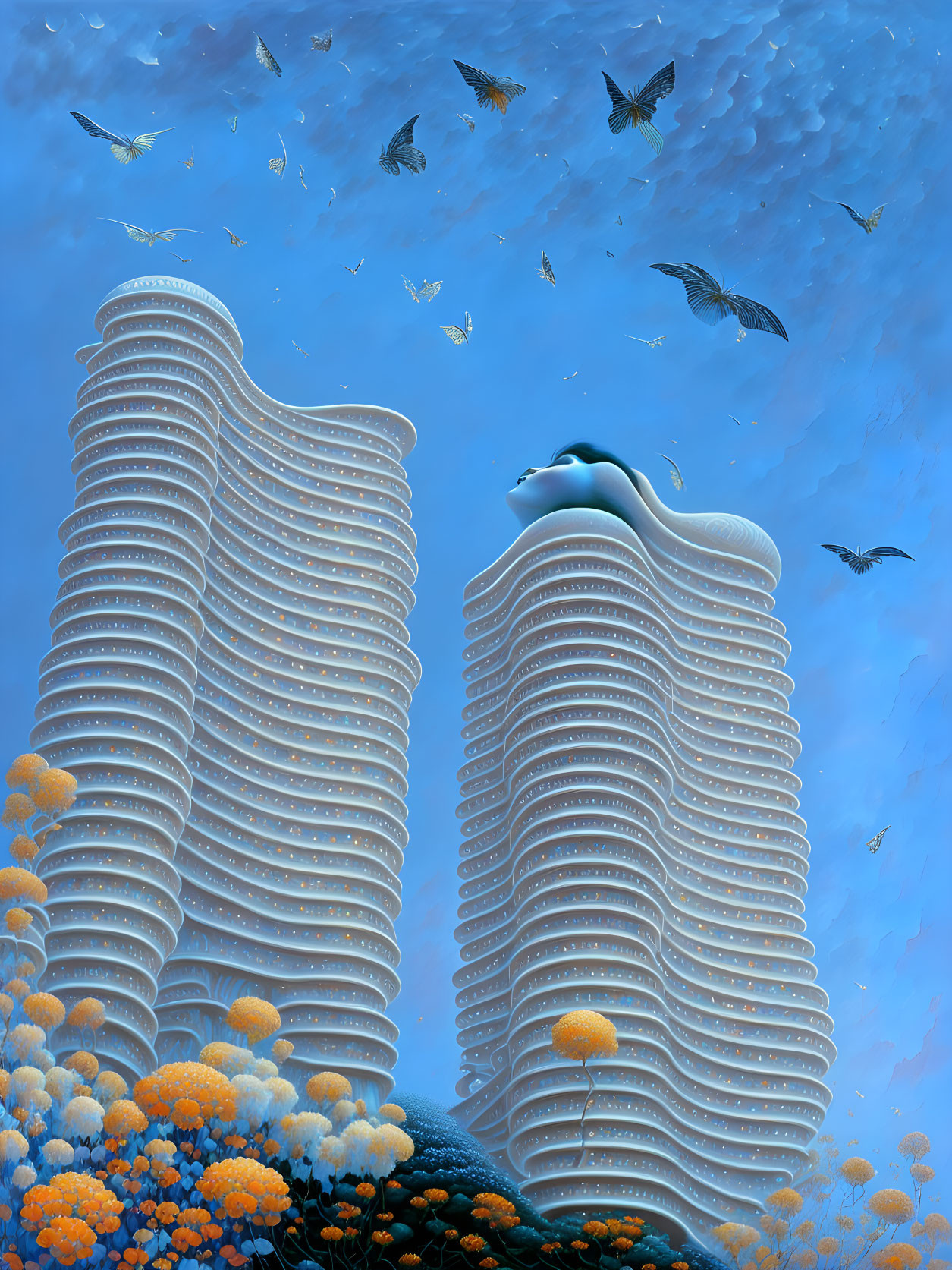 Surreal Artwork: Undulating Buildings, Dolphin Leap, Birds, Coral Reef