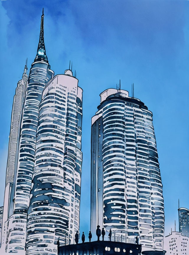 Modern cityscape illustration with skyscrapers under clear blue sky