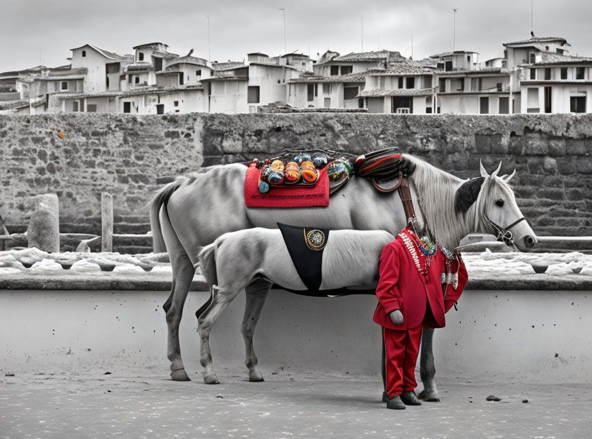 White Horse with Colorful Saddle Beside Person in Red Attire Against Urban Background