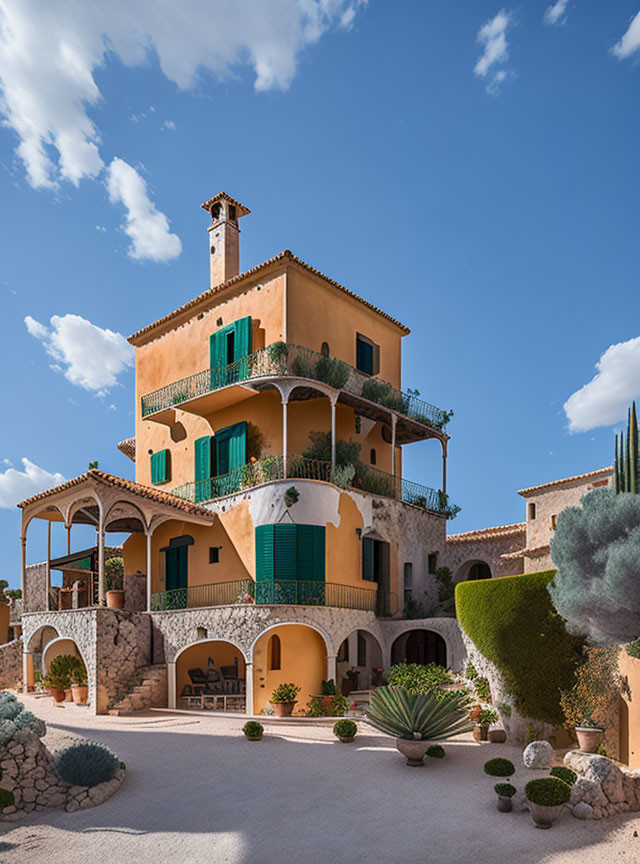 Ochre-colored villa with terracotta roof and green shutters