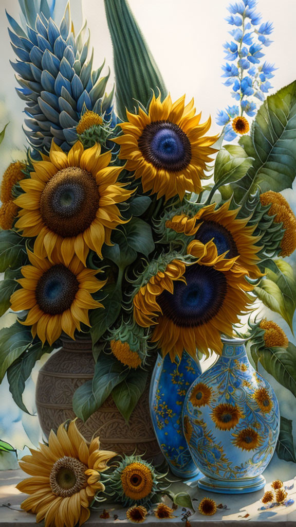 Colorful still life painting of sunflowers in vases on vibrant background