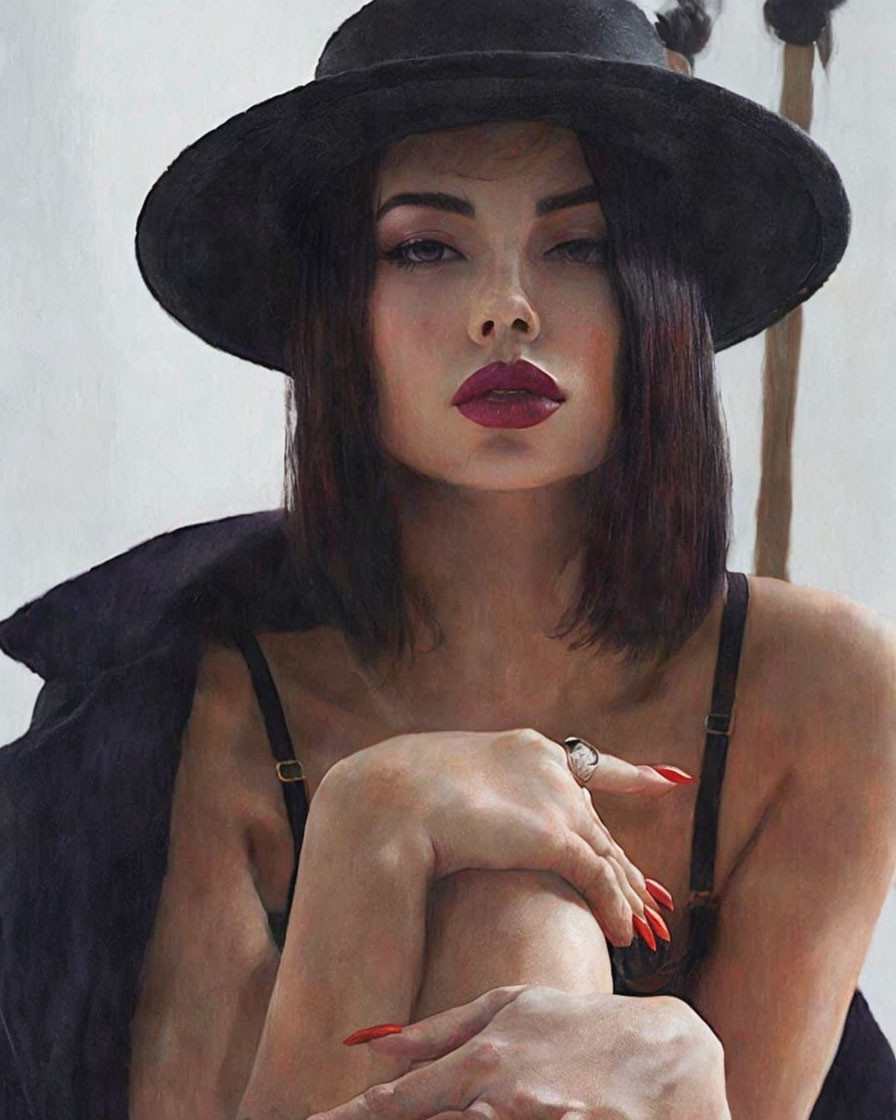 Woman in Black Hat with Red Lipstick and Nails, Sitting in Contemplation