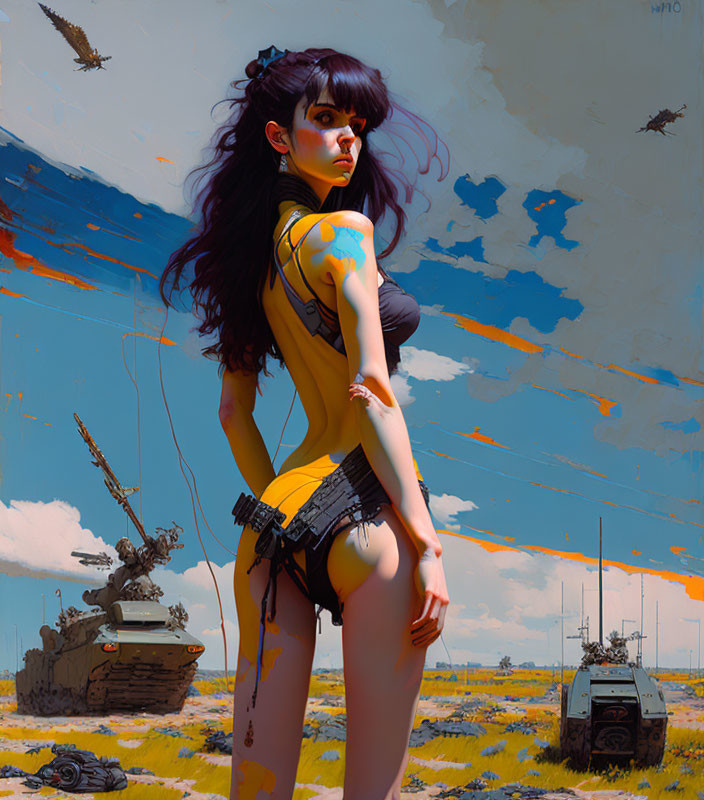 Dark-haired futuristic warrior woman in yellow bodysuit in desert with tanks and aircraft.