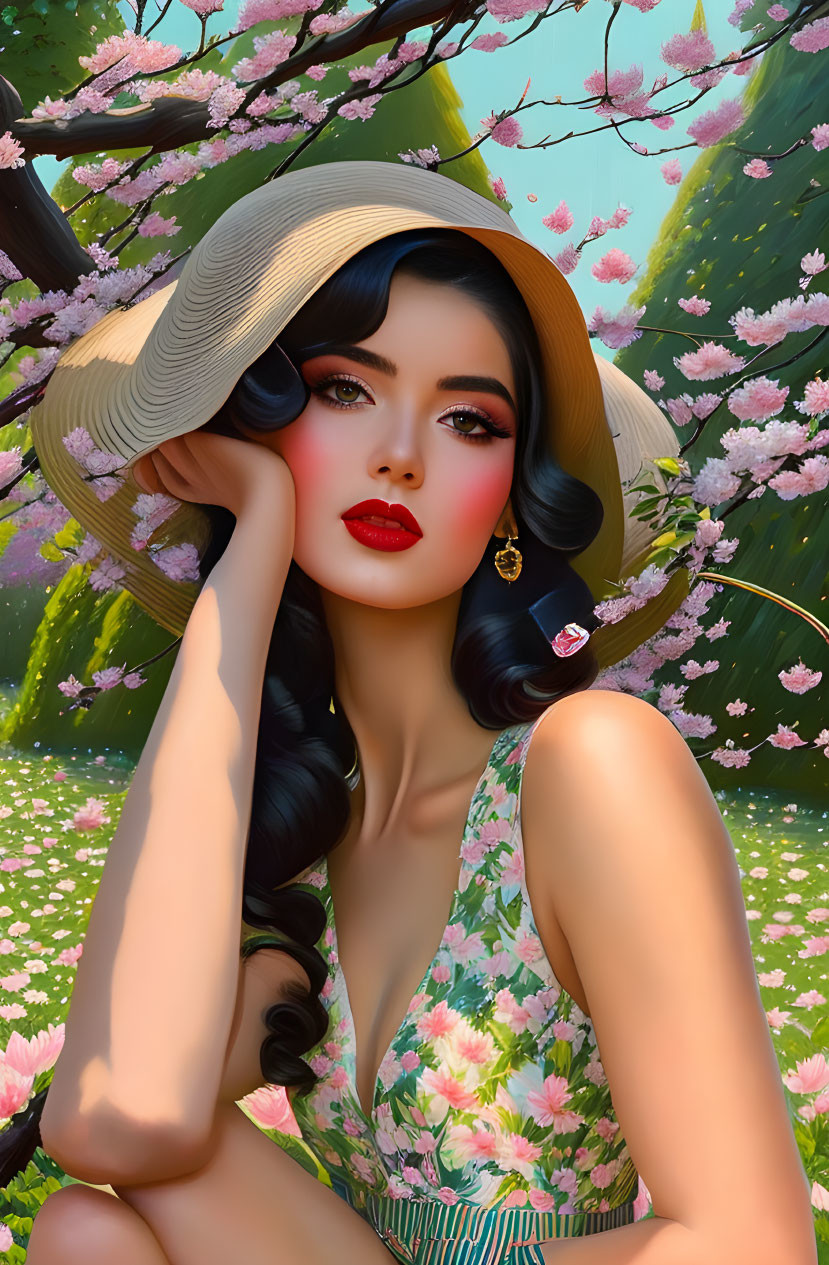 Digital artwork: Woman with dark hair, red lipstick, floral outfit, hat against pink blossoming trees