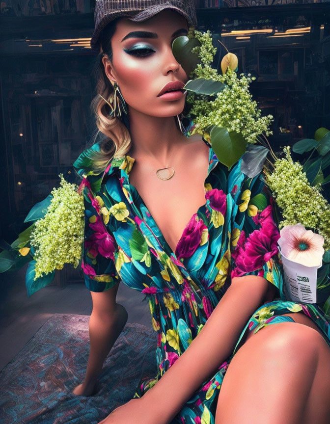 Colorful floral dress woman with dramatic makeup and greenery poses artistically