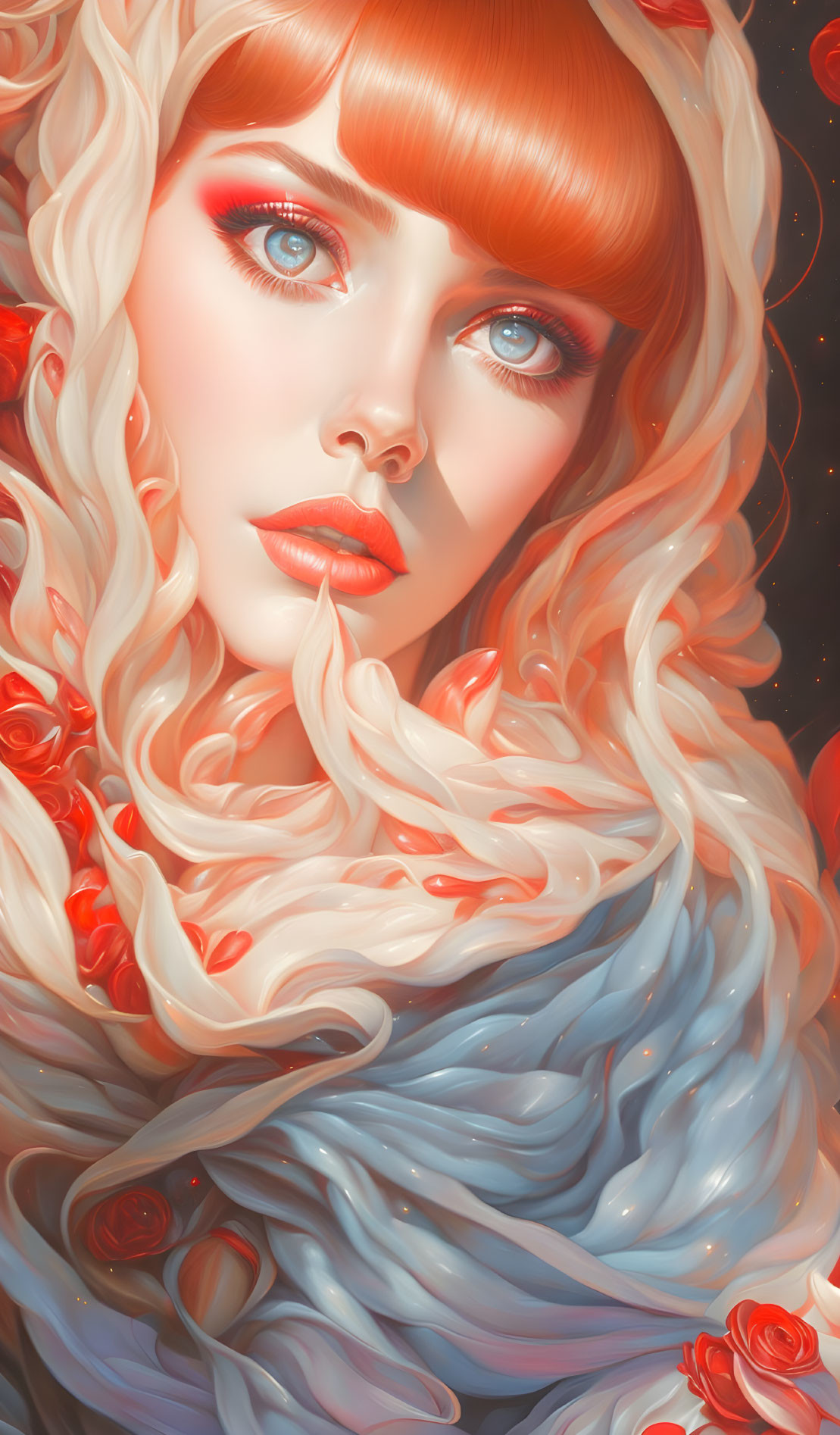 Illustrated portrait of a woman with golden curls, blue eyes, red eyeshadow, and roses