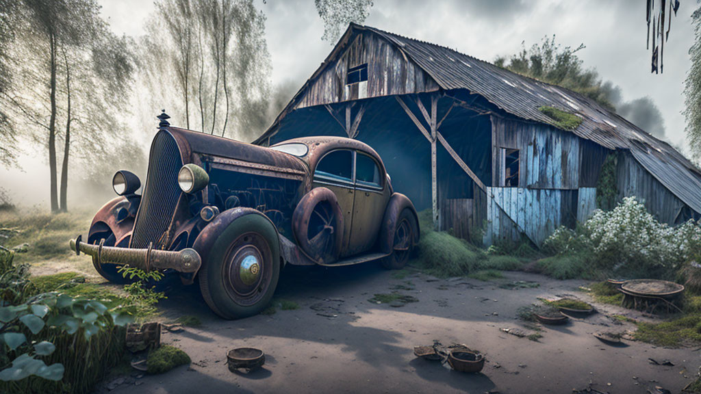 Abandoned car near weathered barn in misty forest