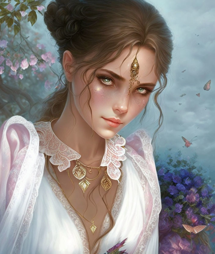 Digital painting of a woman with gold jewelry, lace dress, butterflies, and floral background