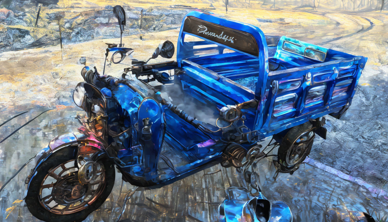 Colorful digital artwork of a blue three-wheeled motorcycle in rustic outdoor scene