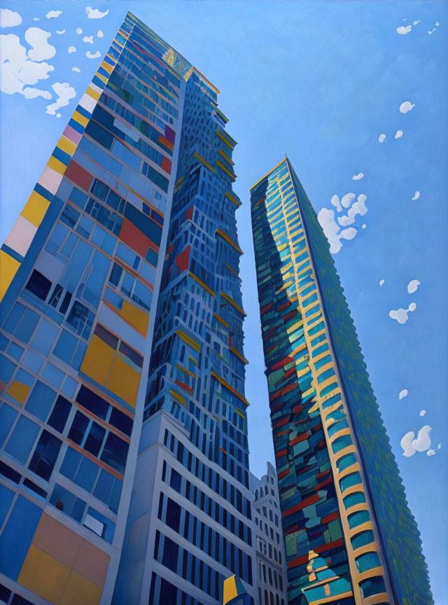 Colorful high-rise buildings against blue sky with white clouds.