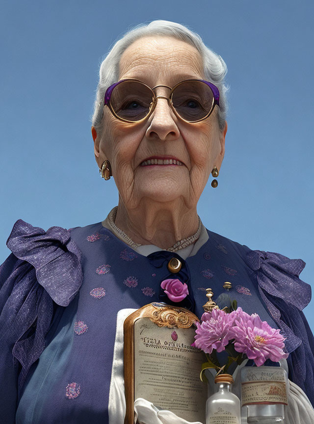 Elderly woman in purple dress with book and flowers against blue sky