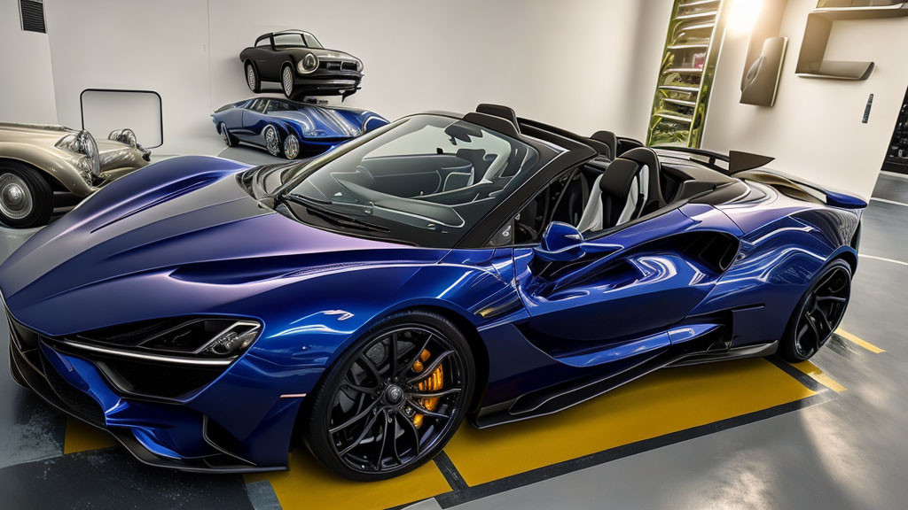 Luxury blue sports convertible in modern garage with other high-end cars