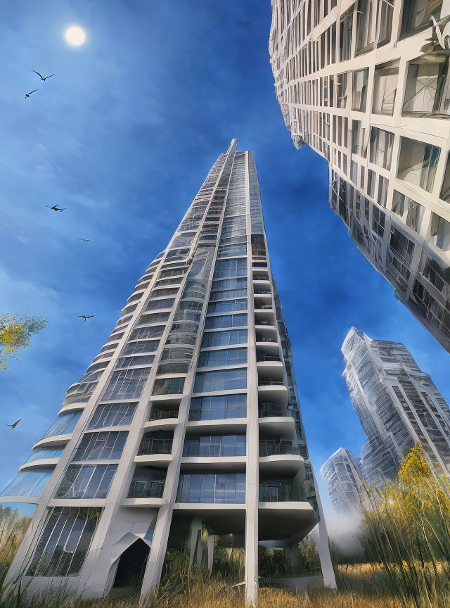 Modern skyscraper in urban landscape with clear blue sky and flying birds