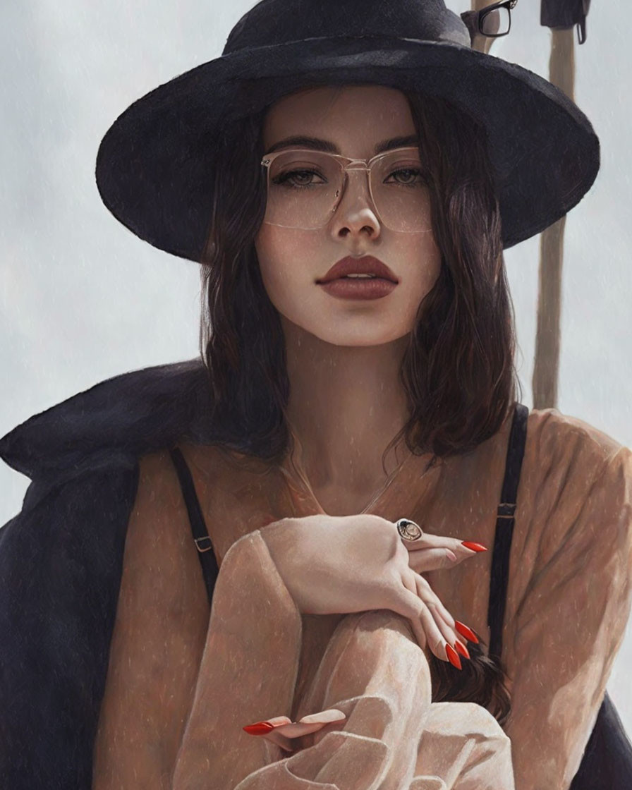 Woman portrait with red lipstick, hat, glasses, and brown outfit.