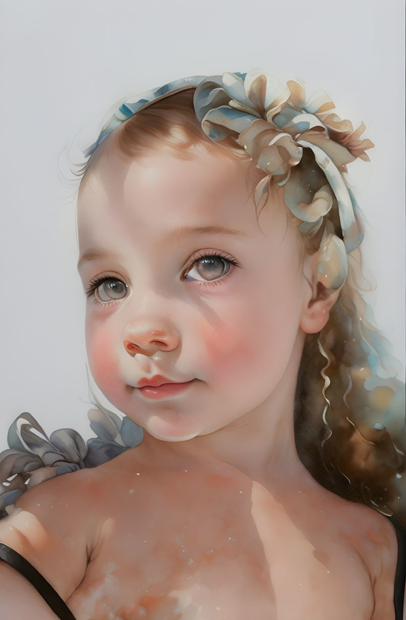 Young child portrait with curly hair and flower headband on pale background