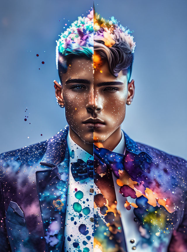 Man's face split: half normal, half cosmic and floral, blending earthly and surreal elements.