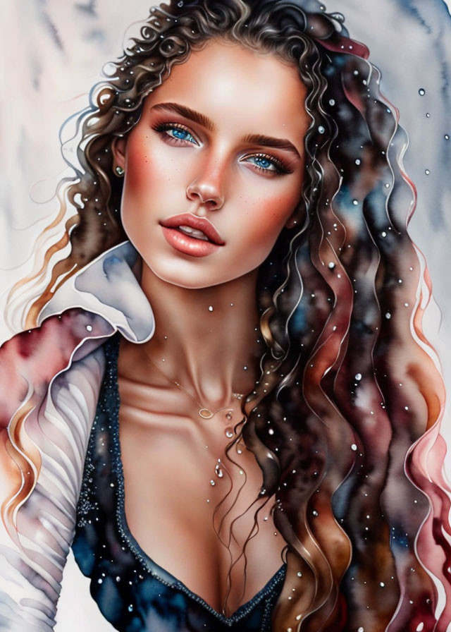 Illustrated portrait of woman with blue eyes, curly hair, and starry cosmic theme.