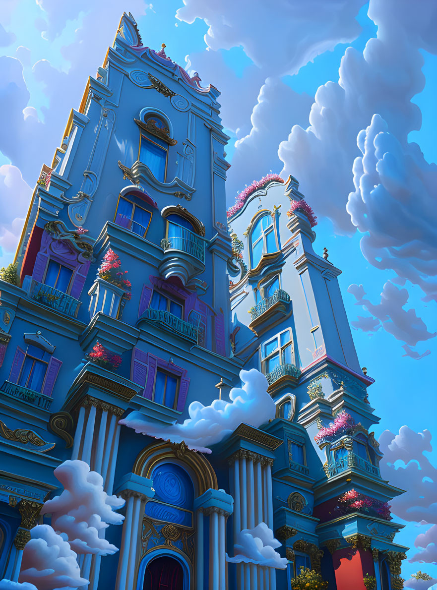 Blue fantasy building with towering pillars and decorative balconies in vibrant sky